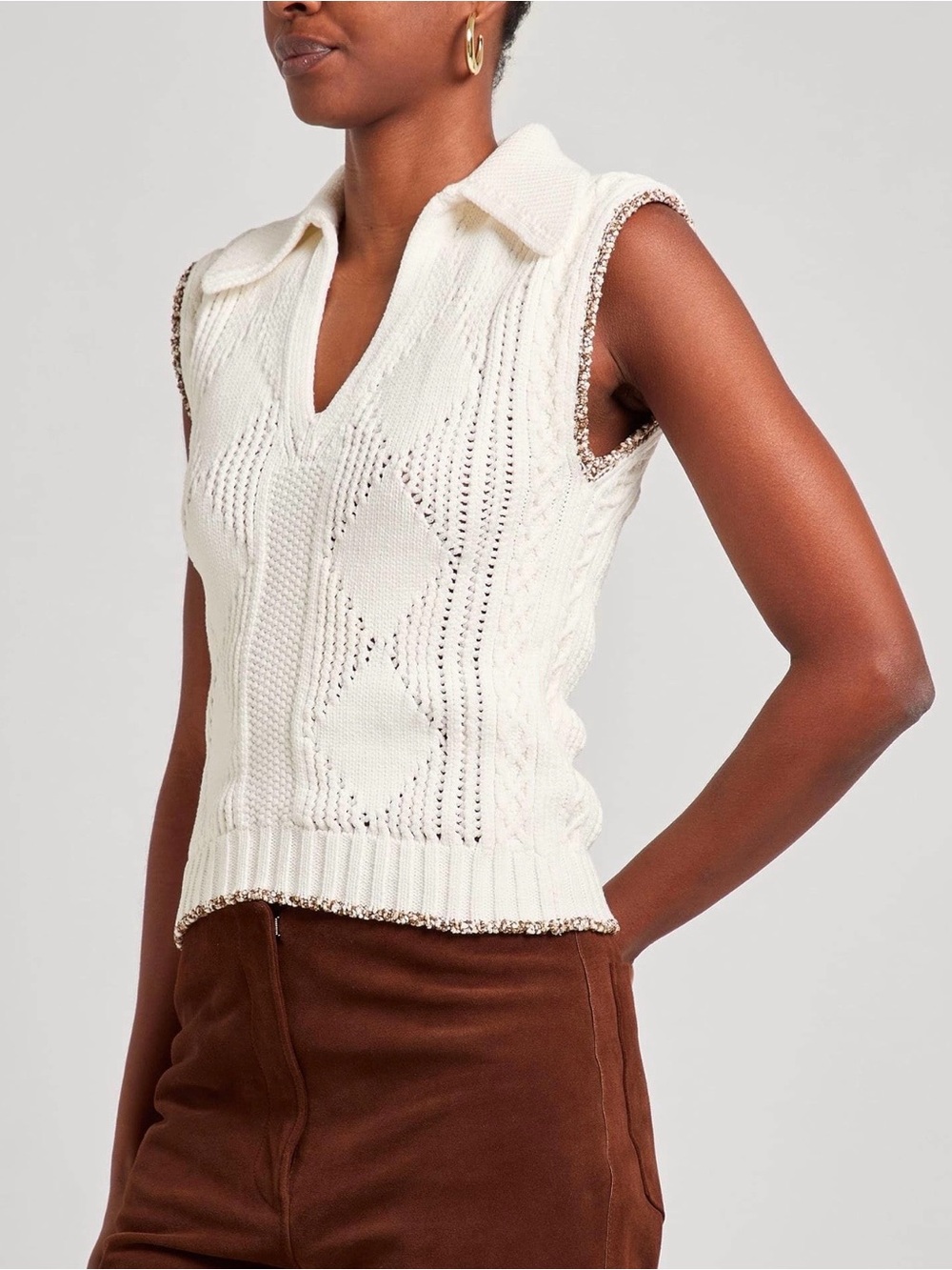 Ballantyne Cream Cable-Knit Sleeveless Cotton Sweater
